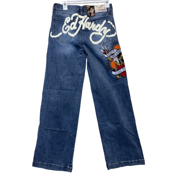 Ed Hardy Brave Hearts Wide Leg Jeans Women’s Size 28 Y2K Retro Denim - Picture 5 of 10